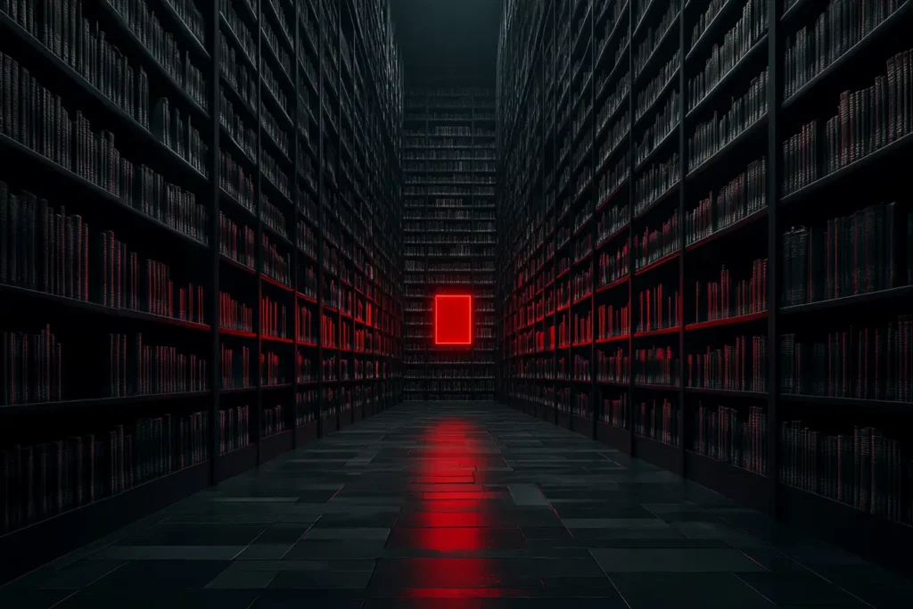 Immense bibliothèque sombre aux étagères infinies avec un unique livre rouge lumineux visible au fond de l'allée
