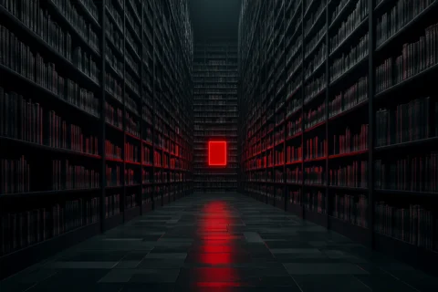 Immense bibliothèque sombre aux étagères infinies avec un unique livre rouge lumineux visible au fond de l'allée