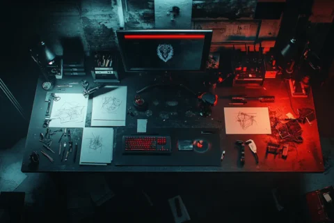 Vue en plongée d'un bureau de graphiste sombre éclairé en rouge, avec des esquisses de logo, des outils de dessin et un écran allumé