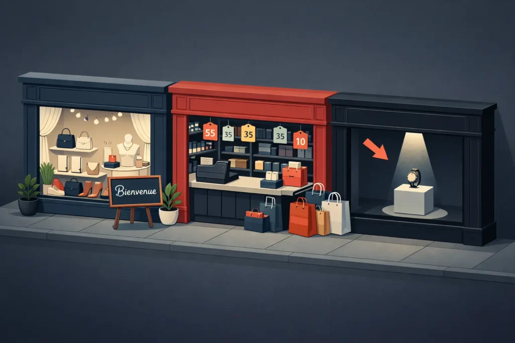 Illustration de trois devantures côte à côte représentant un site vitrine, un e-commerce et une landing page