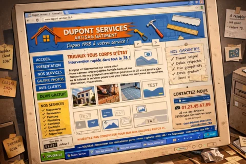 Vieil ordinateur de bureau affichant un site web artisan daté et surchargé, posé sur un bureau encombré de papiers